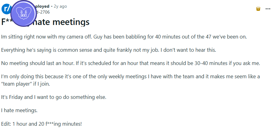Screenshot showing a complaint of a frustrated meeting user.